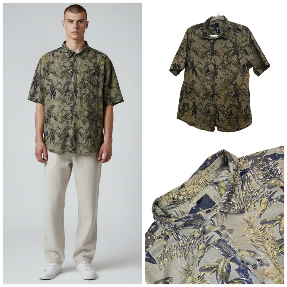 H&M Mens Regular Fit Tropical Palm Leaf Button Down Shirt Olive Green Size L